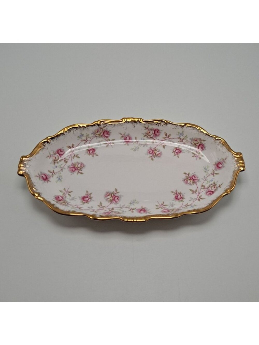 Queen Anne Oval Tray Pink Floral Gold Trim Elegant Harmony Rose Design